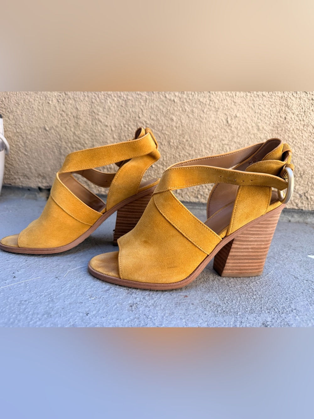 Mustard Yellow Suede Open-Toe Block Heel Sandals- MARC FISHER